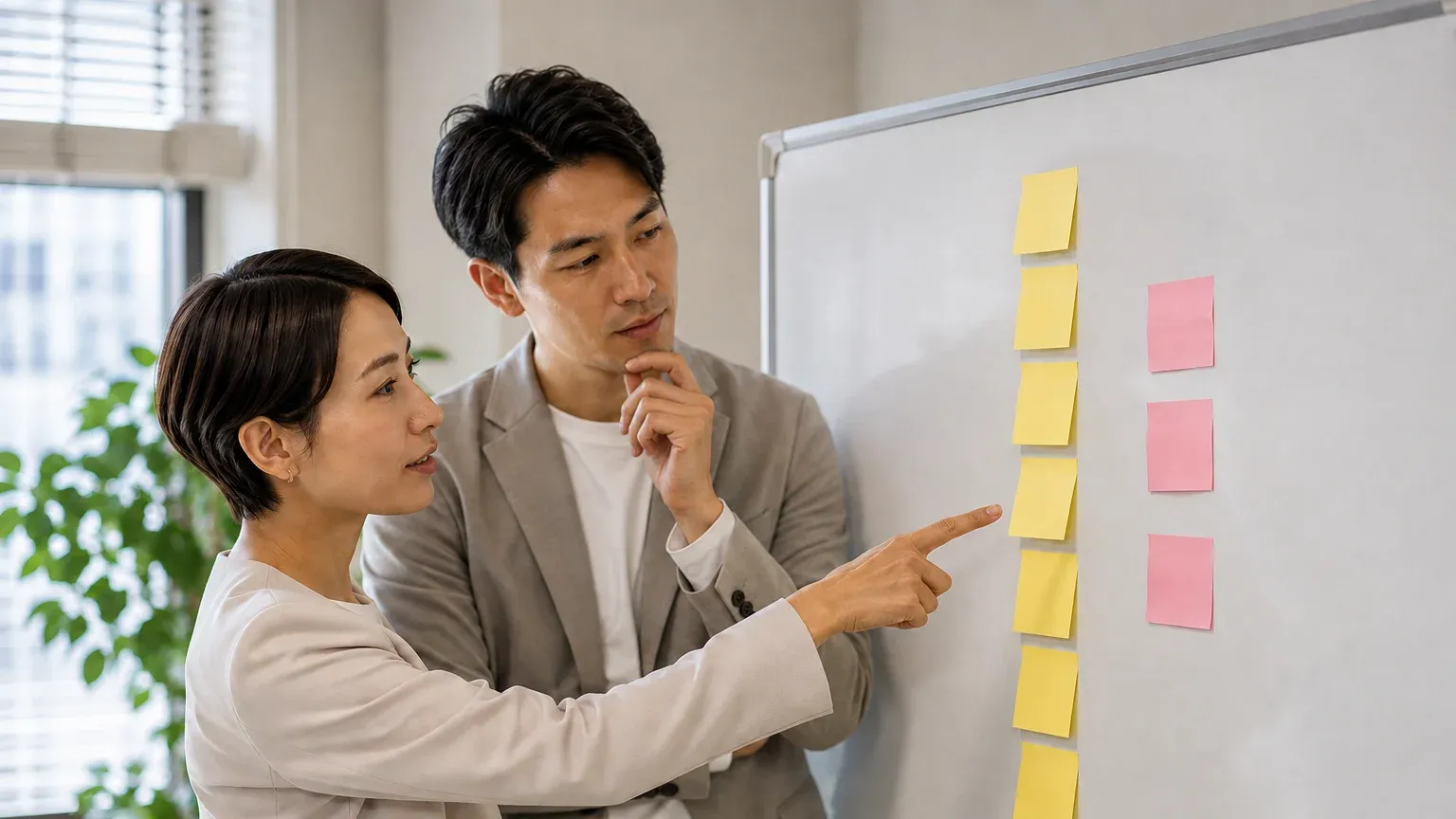 ホワイトボードに書き出した条件を前に、担当者二人が優先順位を相談している場面