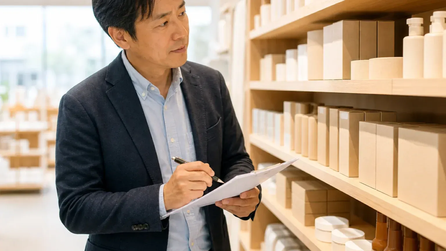 店舗の商品棚の前で在庫を確認している小売の担当者