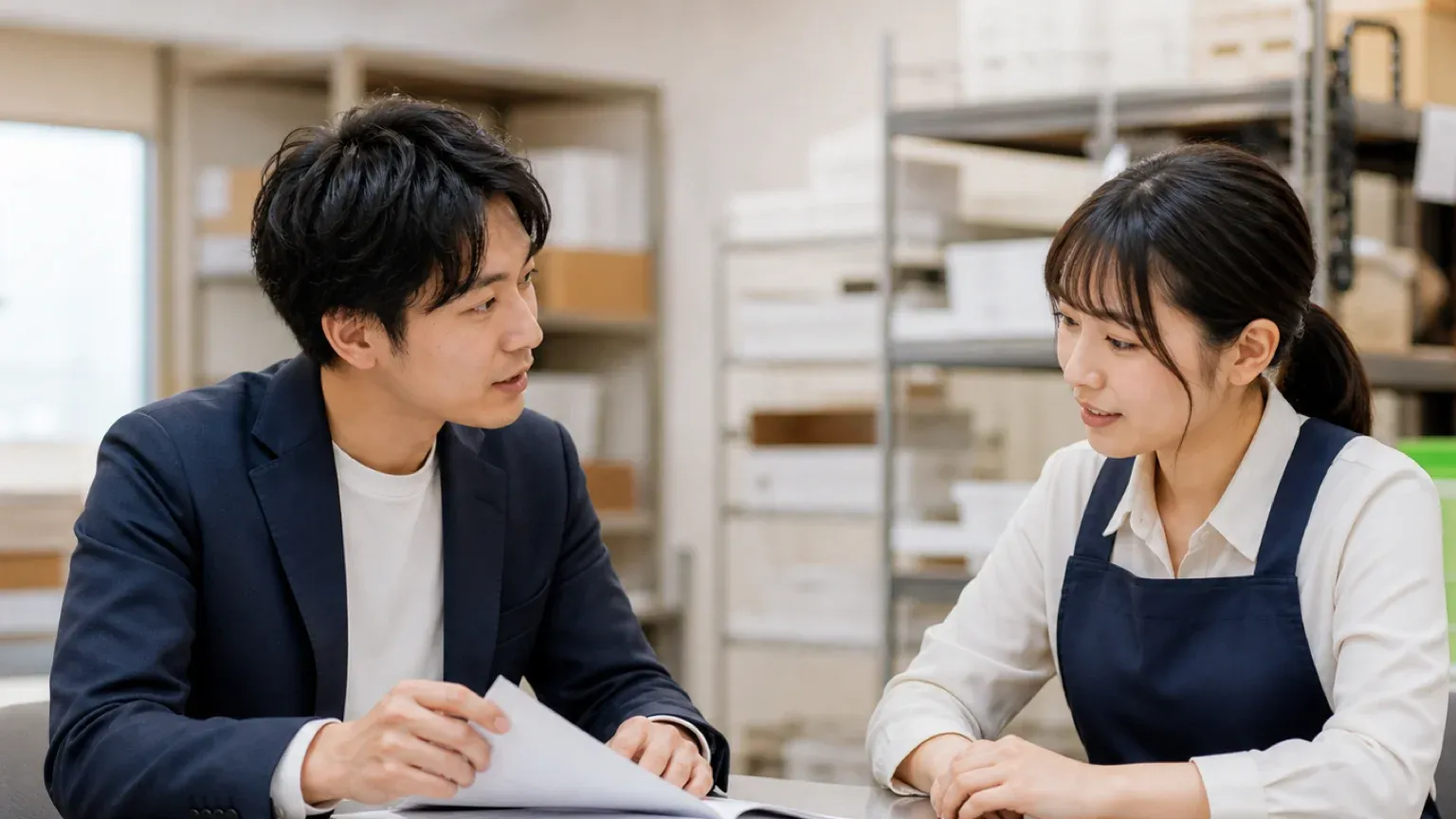 店舗担当と本部担当がAI導入の進め方を打ち合わせしている場面
