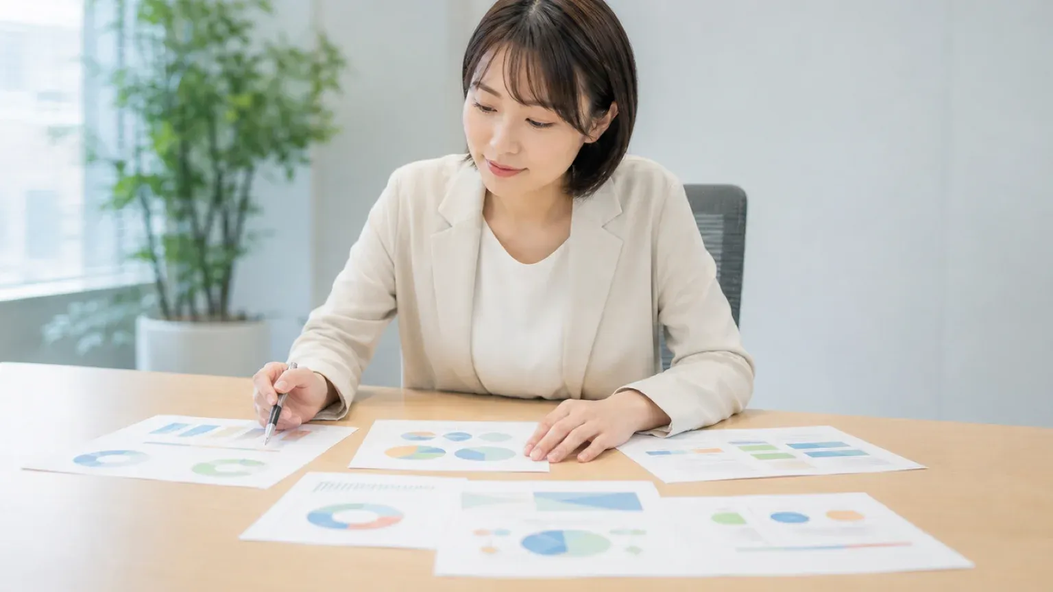 本部で複数店舗の実績資料を見比べている小売の商品部担当者