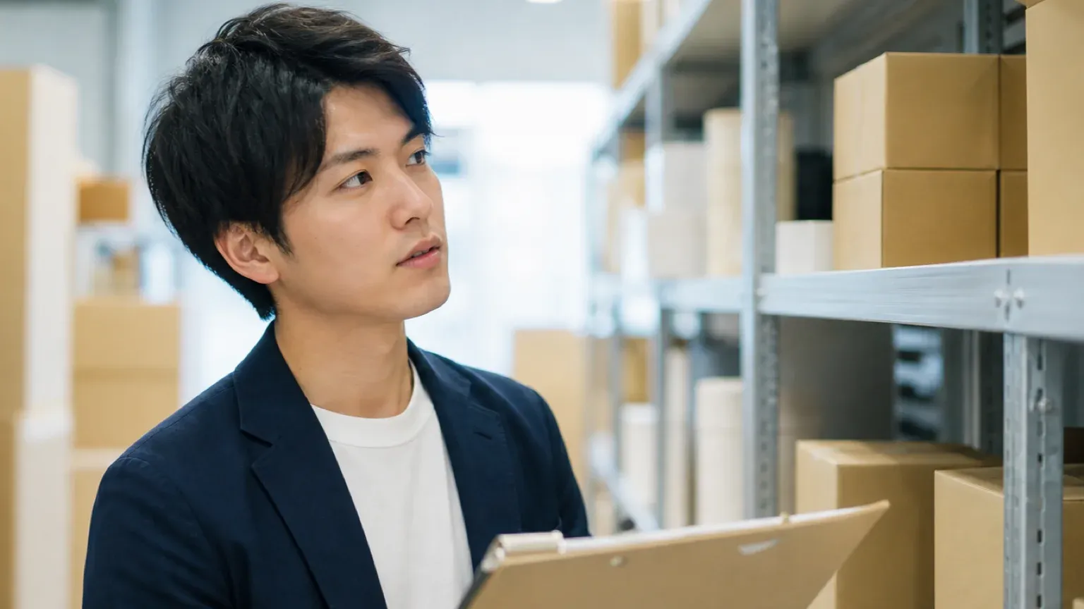 店舗バックヤードで発注リストを手に在庫の棚を確認する担当者