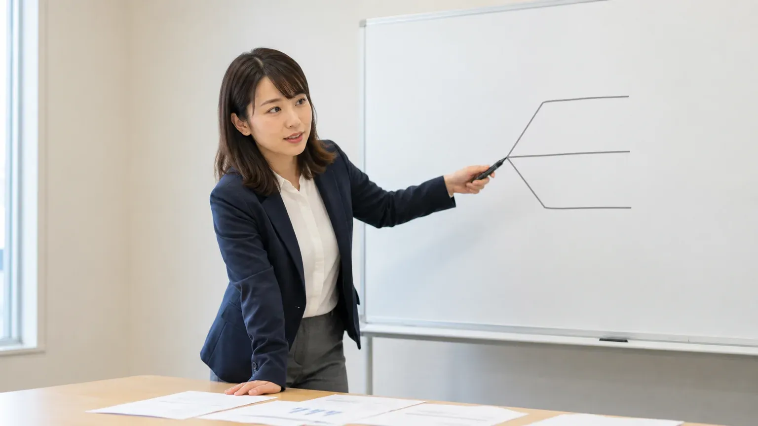 会議室でホワイトボードに書いた3つの選択肢を指しながら、基幹システムの刷新方針を同僚に説明する30代女性の担当者