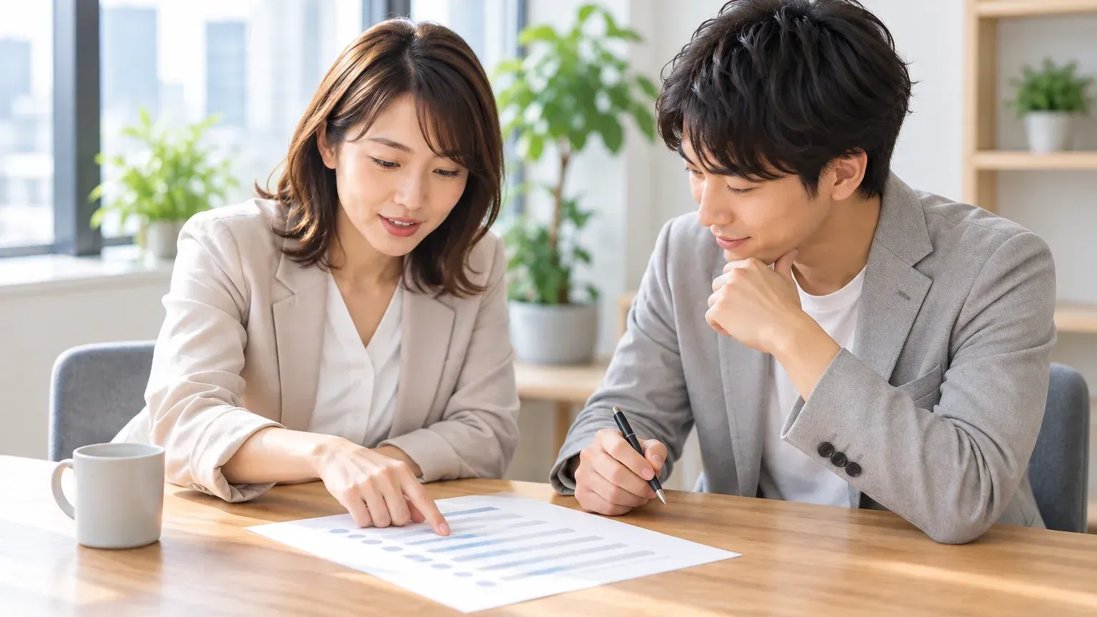 現場の業務手順を書き出した一覧を担当者どうしで指さしながら仕分けている打ち合わせの場面