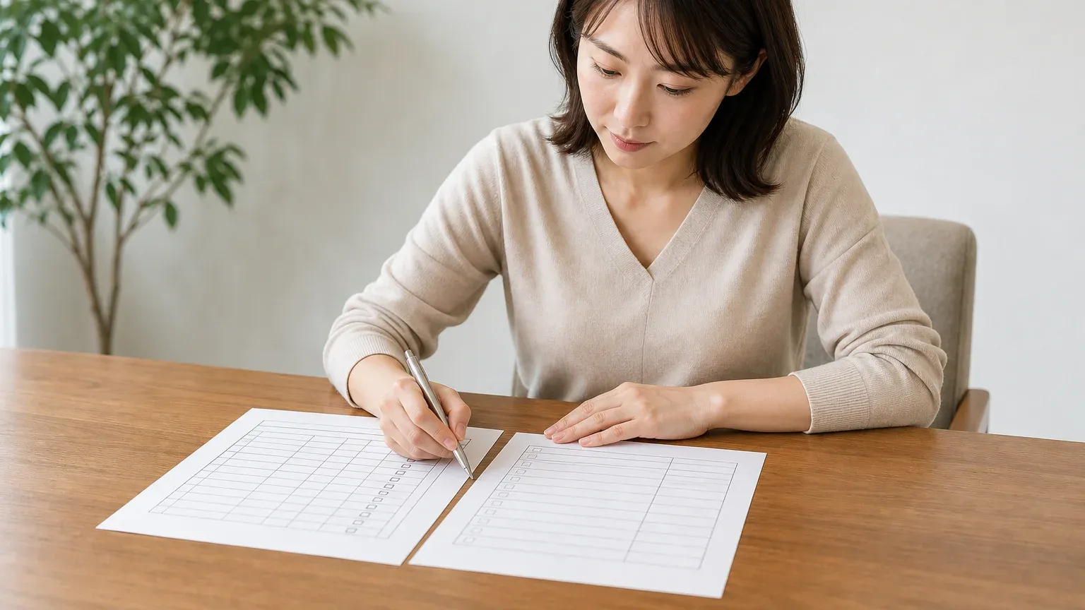 明るい会議室のテーブルで30代女性の担当者が納品物の一覧表と検収基準の資料を並べ、チェック欄にペンで印を付けている場面