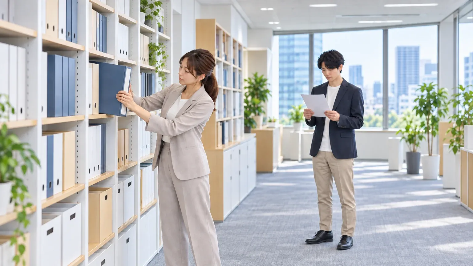 明るい書庫の前でファイルボックスから綴じた書類を引き出す担当者と、紙を手に待つもう1人の担当者