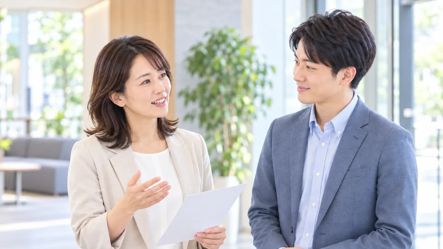 エントランスで立ったまま、担当者どうしが予算の枠について短く話している場面