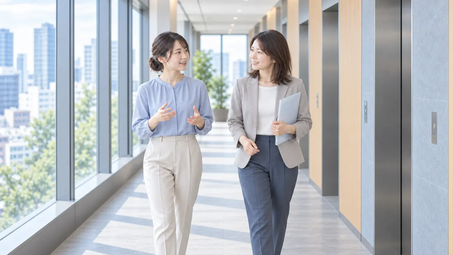 オフィスの廊下を2人の担当者が資料を抱えて歩きながら、予算の枠について話している場面