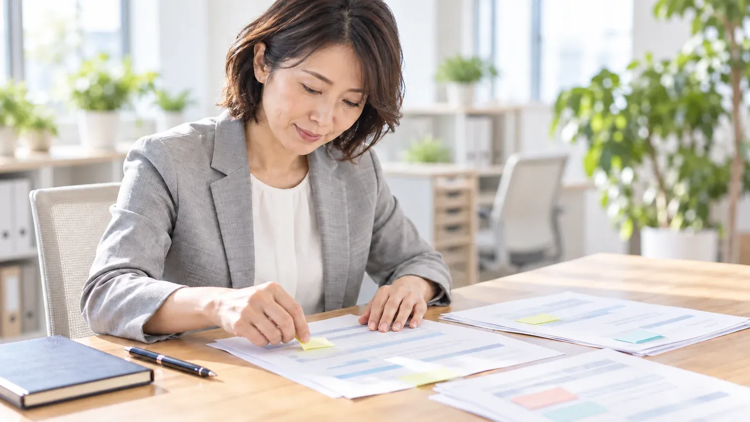 開発会社から届いた進捗報告の紙を読み、遅れている箇所に付箋でメモを付けている場面