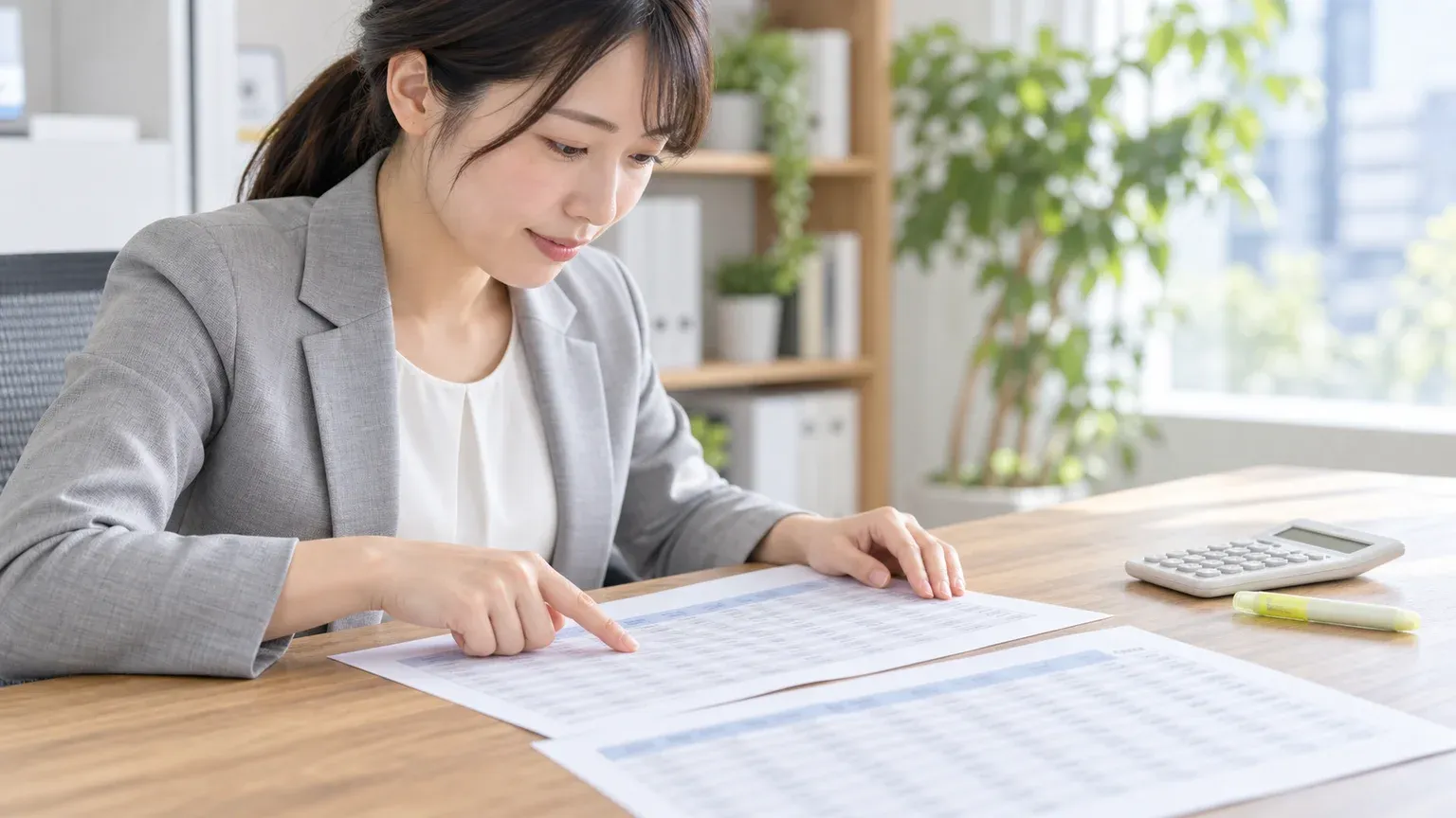 複数年ぶんの費用をまとめた紙の表を2枚並べ、年ごとの金額を指でたどって見比べている場面