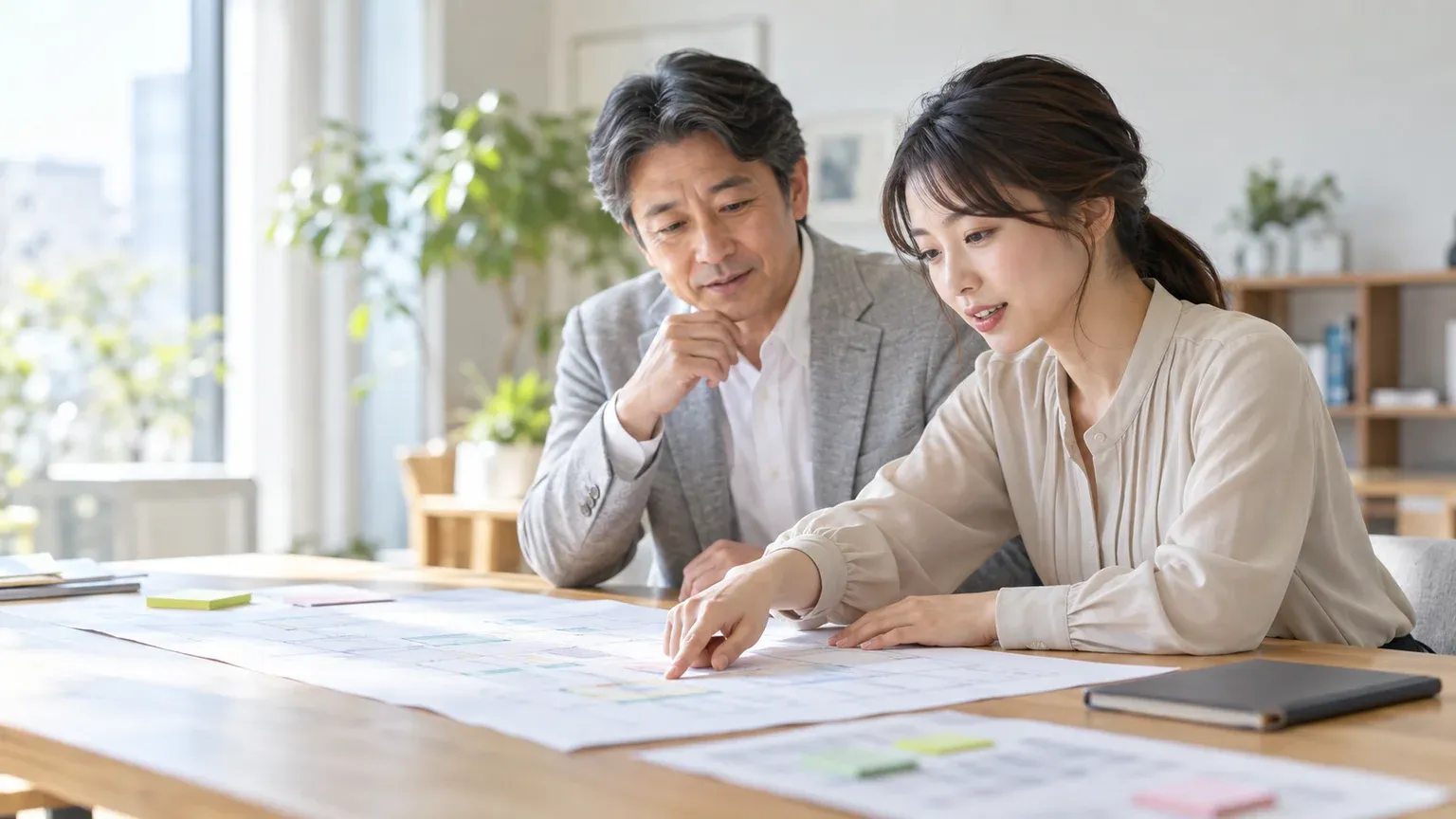 紙の工程表を若手担当者が指でたどり、隣の上長が一緒に確認している打ち合わせの場面