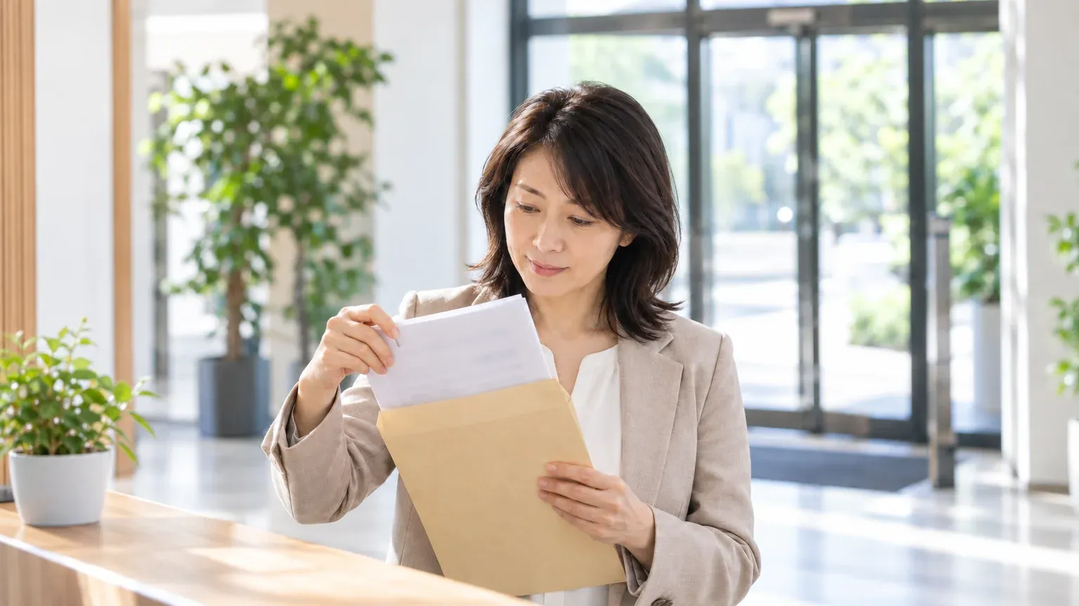 受付カウンターで、届いた封筒から書類を取り出して内容を確かめている担当者