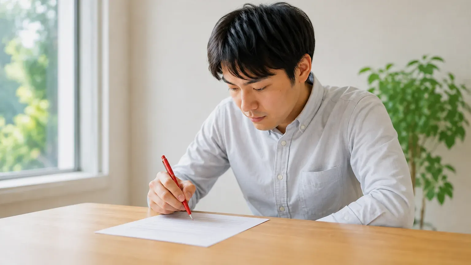 印刷した議事録に赤ペンで加筆しながら、担当者が記載内容を確かめている場面