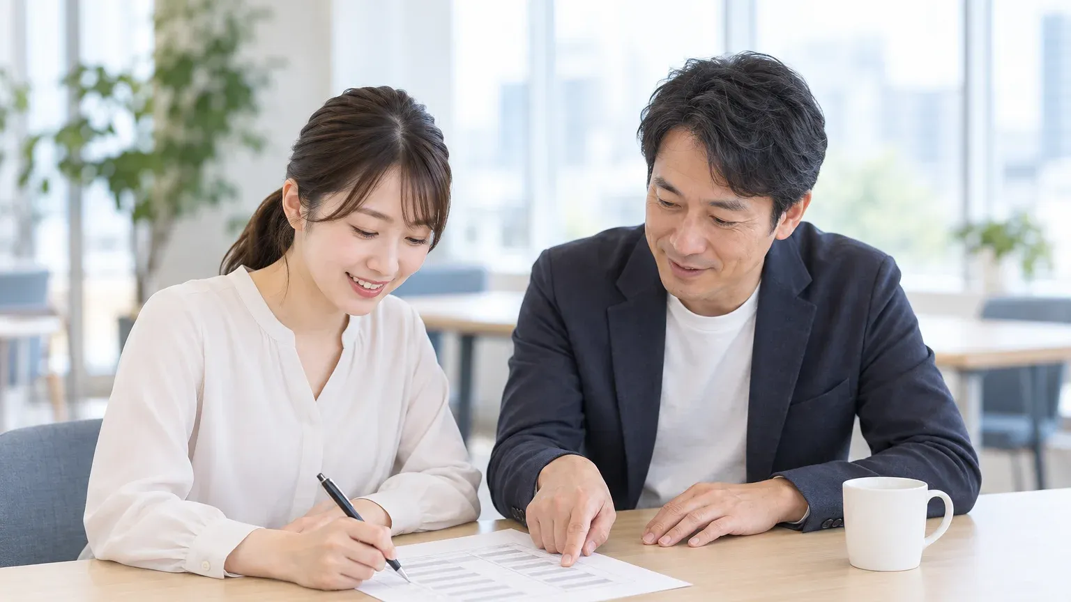 機能の一覧表を前に2人で話し合い、本稼働までに必要な項目へ印を付けている場面