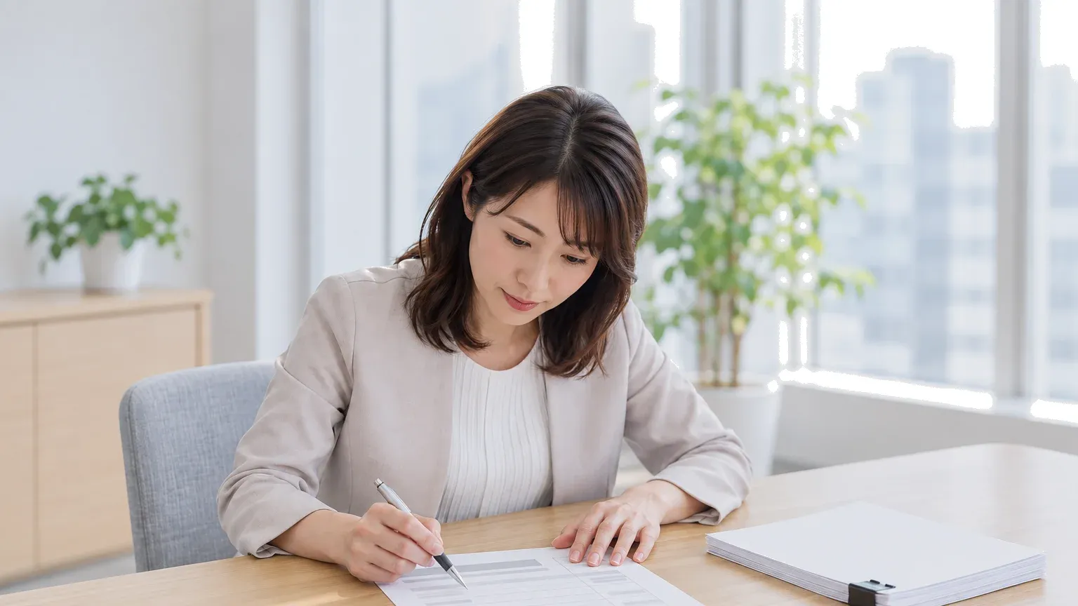 追加費用の見積書を机に広げ、前提条件が書かれた欄をペンで指して確認している場面