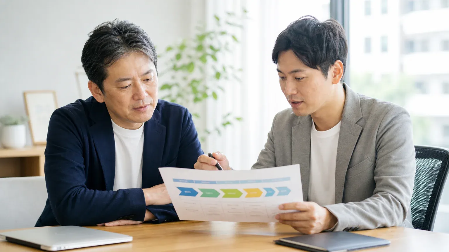 システム開発の工程と流れを発注側担当者が確認している場面