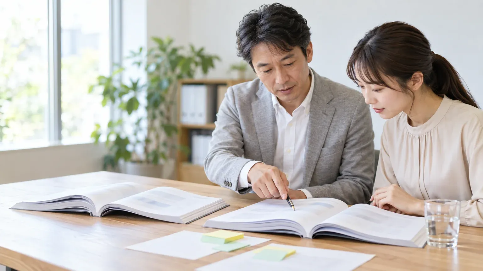 2社から届いた提案書を机に並べ、前提条件のページを指しながら2人で見比べている場面