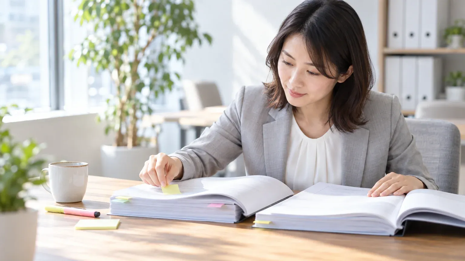 2部の提案書を机に広げ、付箋を貼りながらどちらの条件がよいか見比べている担当者