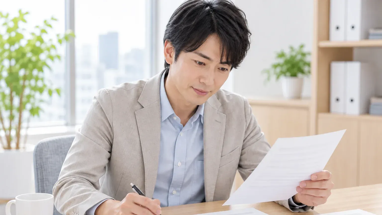 机に広げた資料を見ながら、何を合格とするかを一人で考えている場面