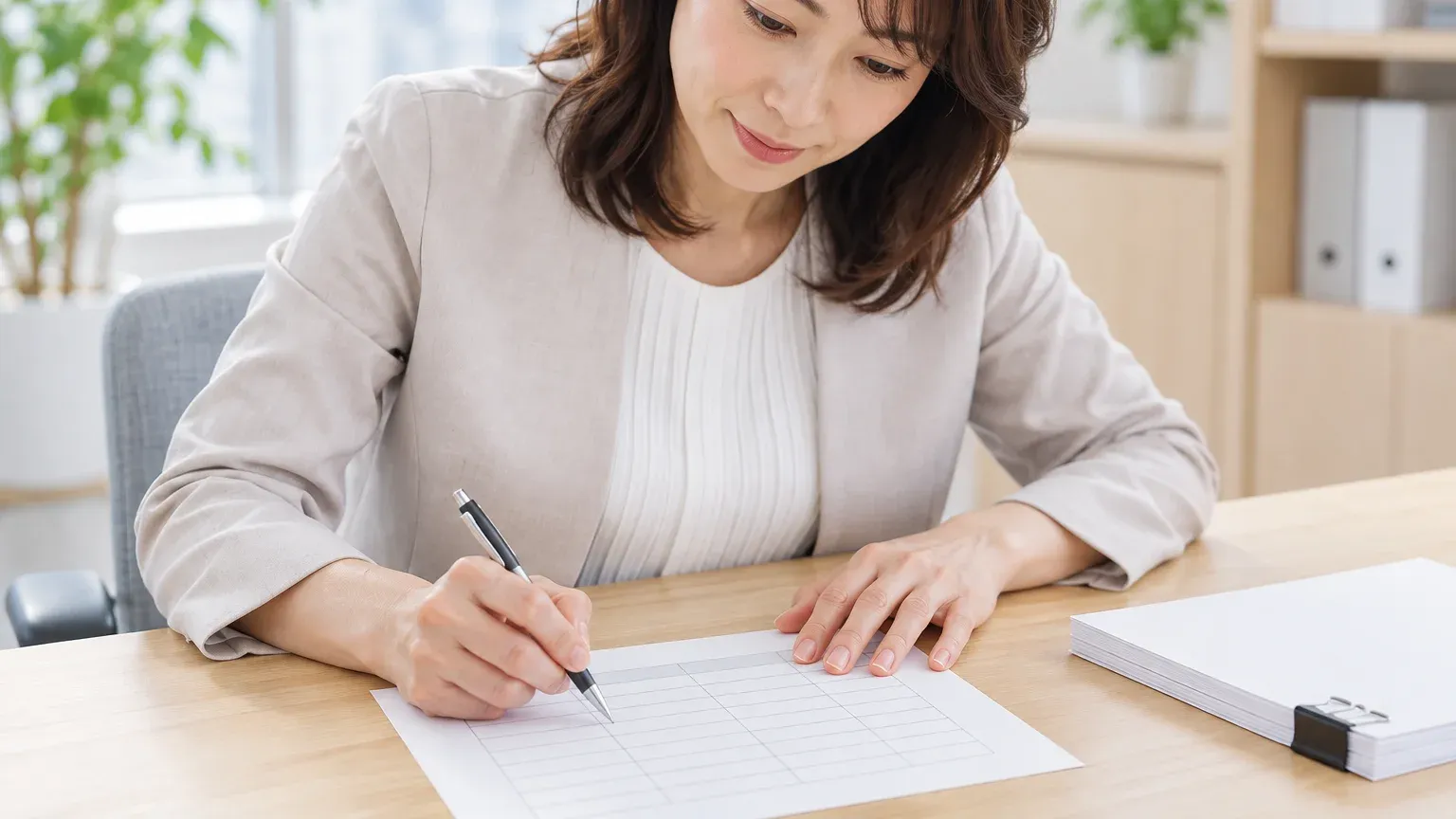 表組みの紙に条件を書き込み、合格の基準を具体的な言葉に直している手元