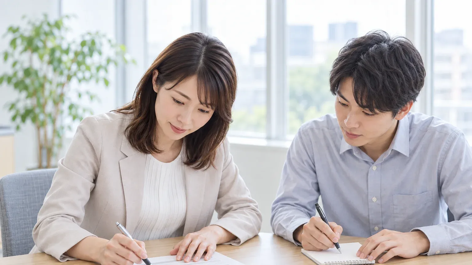 会議室で横線の入った白い紙を2人で見ながら、合格の基準にあたる1行にペンで下線を引いている場面