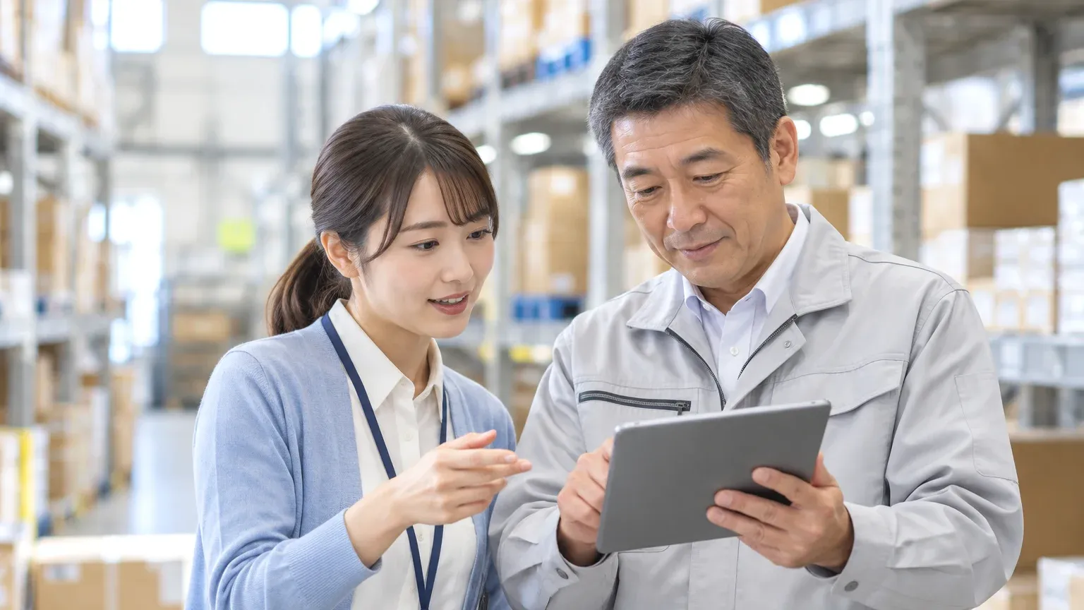 倉庫の現場で、現場の担当者と情報システムの担当者がタブレットの試作画面を一緒に確かめている様子