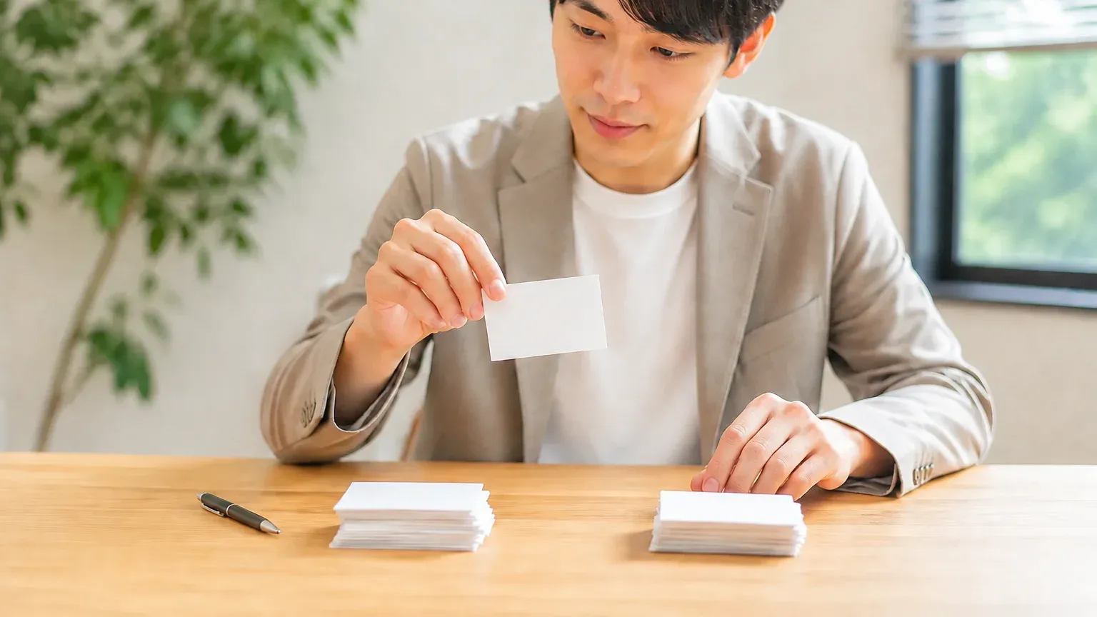 机に広げた紙のカードを、担当者が左右2つの山に仕分けている場面