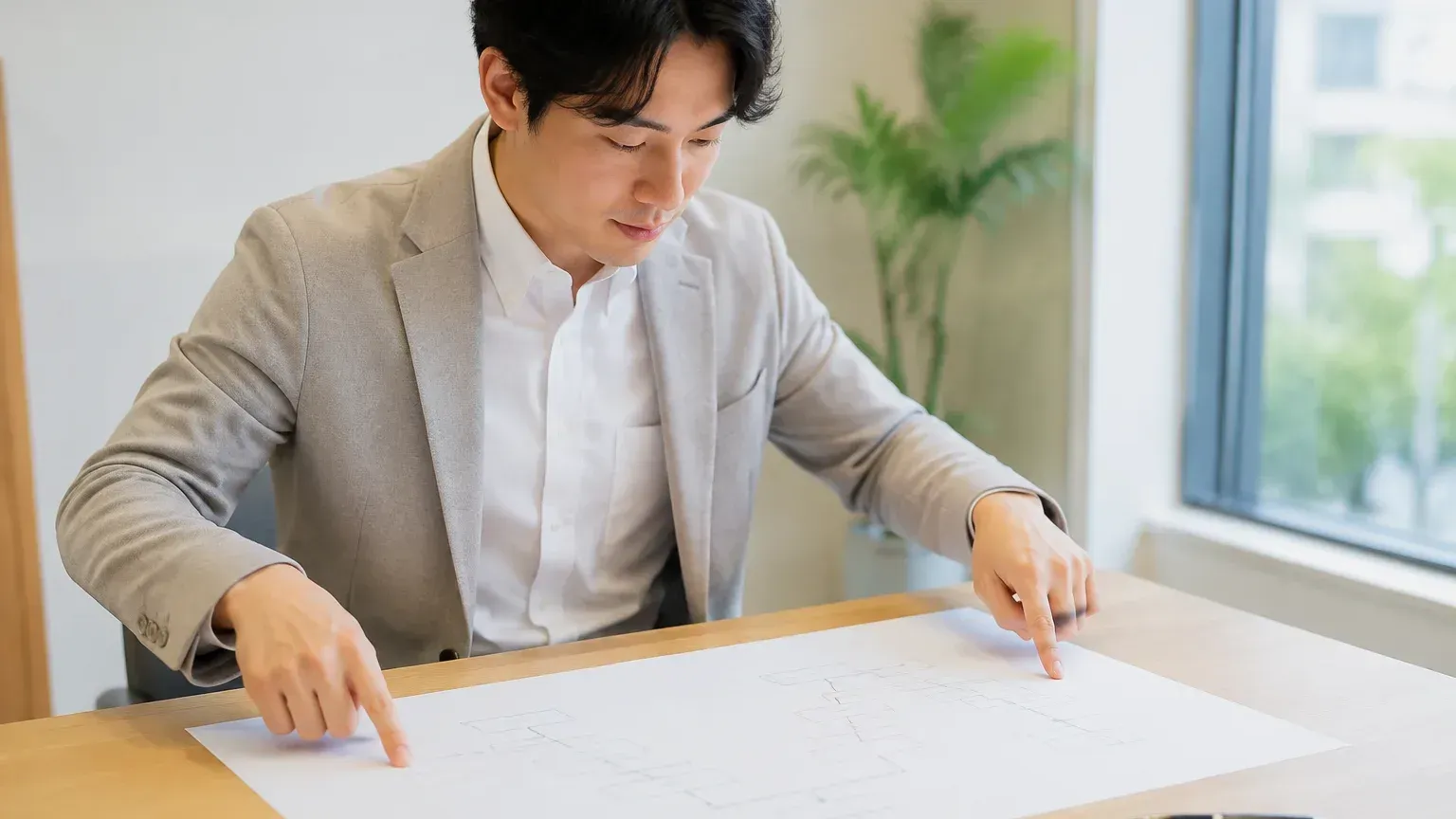 机に広げた工程の図の左右を、担当者が両手の指でたどりながら対応を確かめている場面