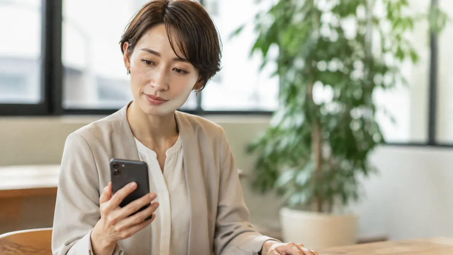 片手にスマートフォン、もう片方の手を閉じたノートPCに置き、どちらで作るか考えている場面