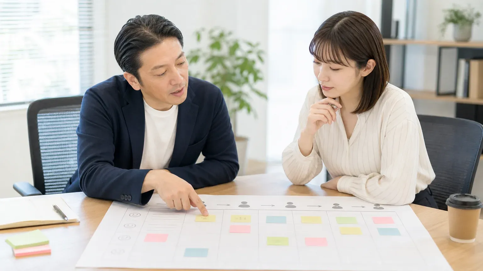 カスタマージャーニーマップを使ってUXデザインの改善点を話し合う担当者たち